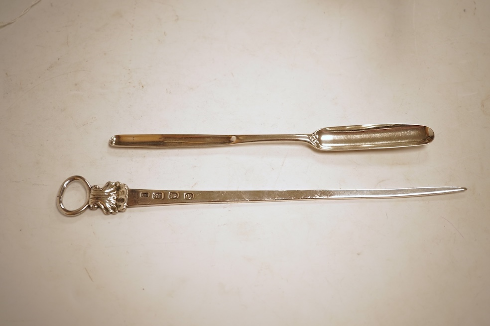 A George III silver meat skewer, with shell terminal and ring handle, Charles Hougham, London, 1780, 26.3cm, together with a George III silver marrow scoop, with engraved crest, Samuel Wintle, London, 1785.
